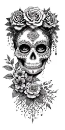 La Catrina Makeup Skull, Rose Crown, Ancient Sand Humbrest, Anonymous Mascara tattoo design idea