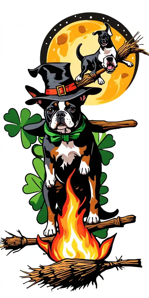 shamrock, bulldog, boston terrier, cattle dog, camper, flying witch on broomstick, moon, campfire tattoo design idea