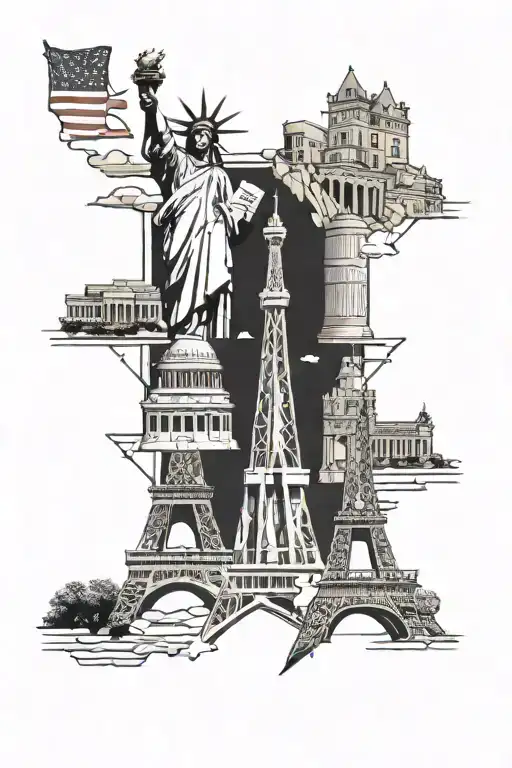 Combine the iconic monuments of USA, Canada, and France into a unique tattoo design tattoo design idea