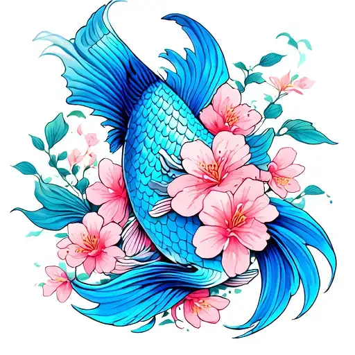blue koi fish with pink cherry blossoms wrapped tattoo design idea