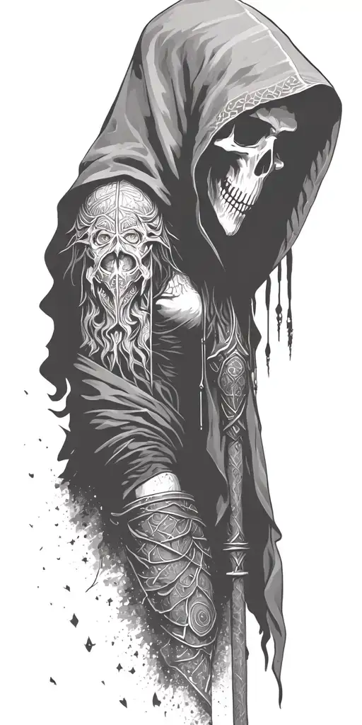 hooded reaper silohuette, with a femal warrior tattoo design idea