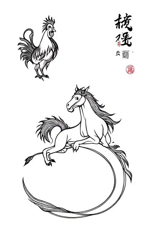 Chinese inspired zodiac tattoo for with a monkey, dragon, rooster, and horse  tattoo design idea
