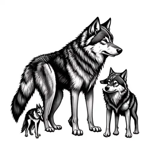 wolf back with one old wolf, 2 young boy wolves and one young girl wolf  tattoo design idea
