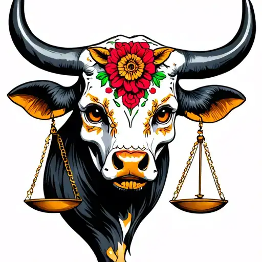 feminine bull with sugar skull markings, brown eyes and two Libra scales and dark background tattoo design idea