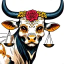 feminine bull with sugar skull markings, brown eyes and two Libra scales and dark background tattoo design idea