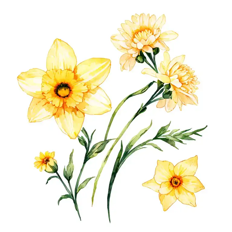 daffodil,cosmos, chrysanthemum tattoo design idea