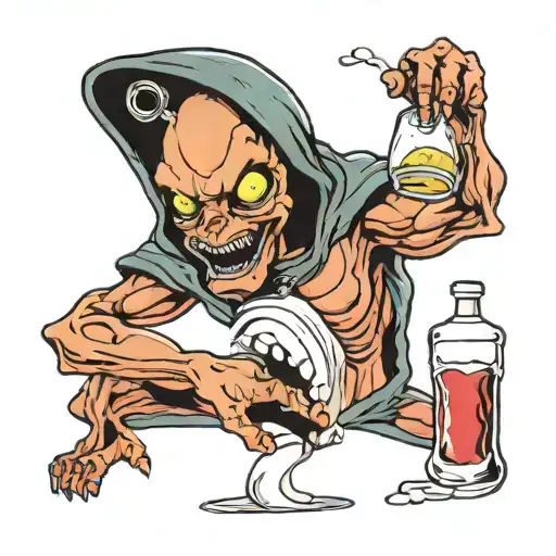 an crazy alien doing another alien doggystyle  snorting a white powder and with a bottle of alcohol in his other hand  tattoo design idea