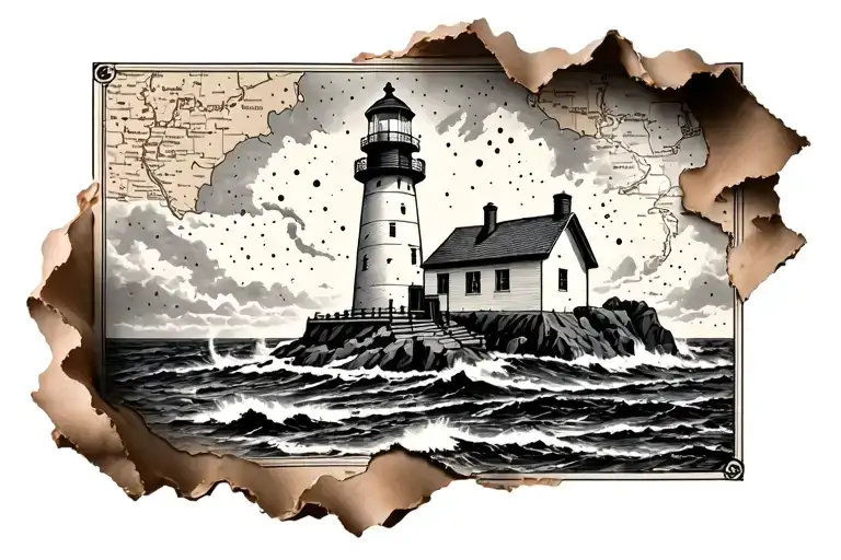 lighthouse coming out of a paper map tattoo design idea