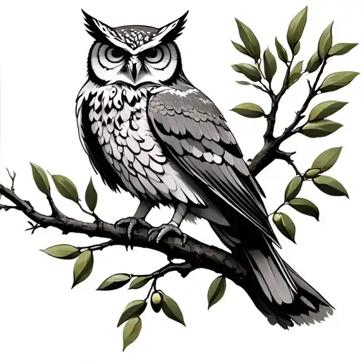 Athena Greek Mythology with owl perched on an olive tree branch tattoo design idea