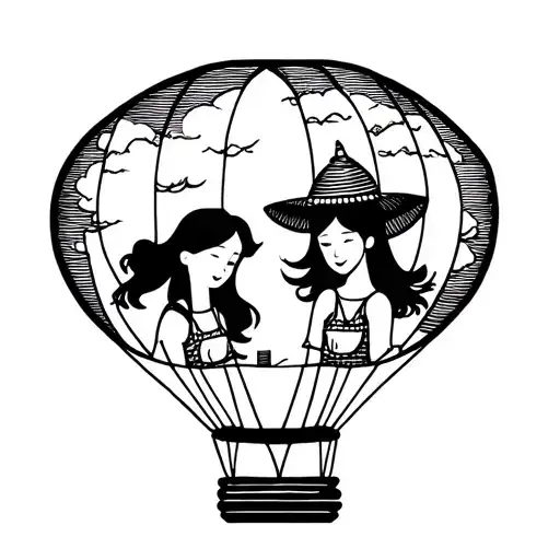 air balloon with two girls inside representing friendship, travel and laos tattoo design idea