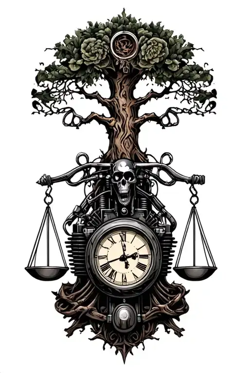 harley knuckleheads engine, tree of life, libra scales, time intertwined tattoo design idea
