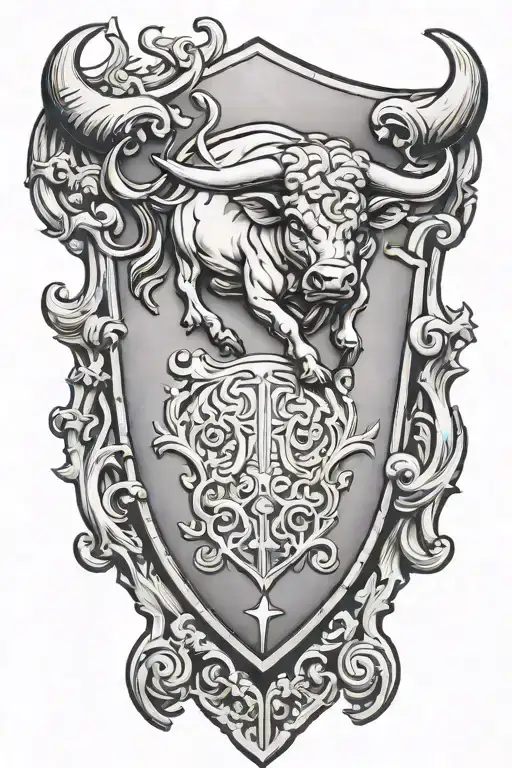 battered roman shield with Spanish bull. e tan e epi tas embossed on the shield.  tattoo design idea