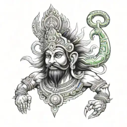 Generate a detailed description of a 'Ravanan tattoo' that incorporates elements of Hindu mythology, focusing on  tattoo design idea