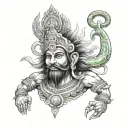 Generate a detailed description of a 'Ravanan tattoo' that incorporates elements of Hindu mythology, focusing on  tattoo design idea