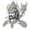 Generate a detailed description of a 'Ravanan tattoo' that incorporates elements of Hindu mythology, focusing on  tattoo design idea