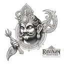 Generate a detailed description of a 'Ravanan tattoo' that incorporates elements of Hindu mythology, focusing on  tattoo design idea