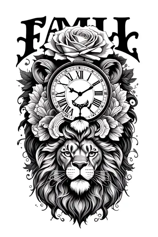 "FAMILY" Incorporate elements of a lion head, rose, clock and god tattoo design idea