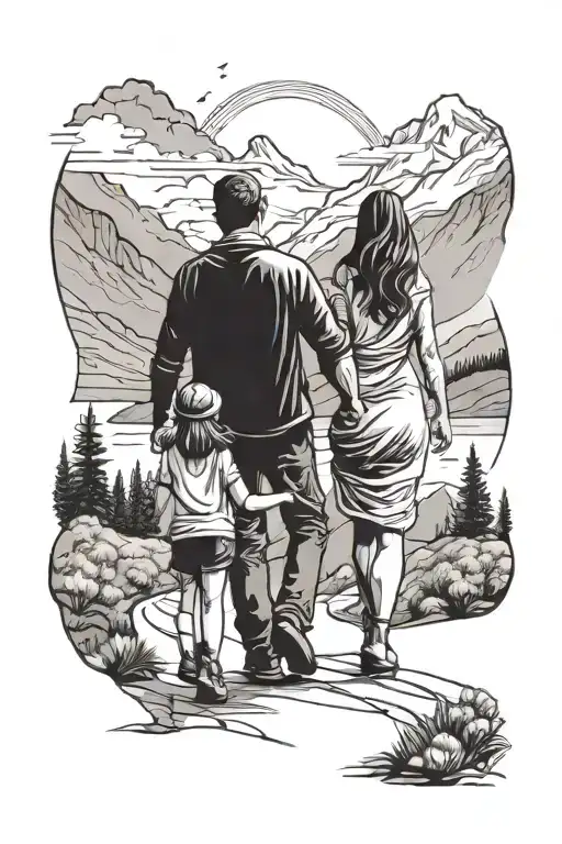 Black and white tattoo elbow to shoulder area father and daughter walking hand in hand on a path with mountains in the background and tattoo design idea