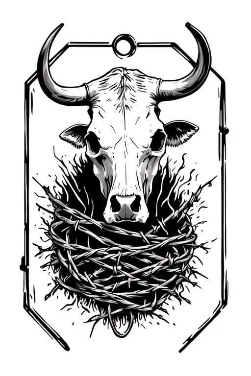 midwest country, cow tag, cow skull, barb wire wrapped tattoo design idea