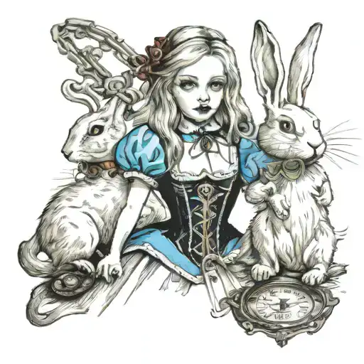 Sexy Alice in Wonderland wearing collar with locket tag in front of evil white rabbit holding key and leash tattoo design idea
