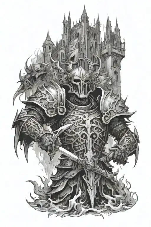 gothic death knights in battle, burning castle,  tattoo design idea