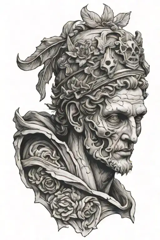 ancient roman statue with memento mori  tattoo design idea