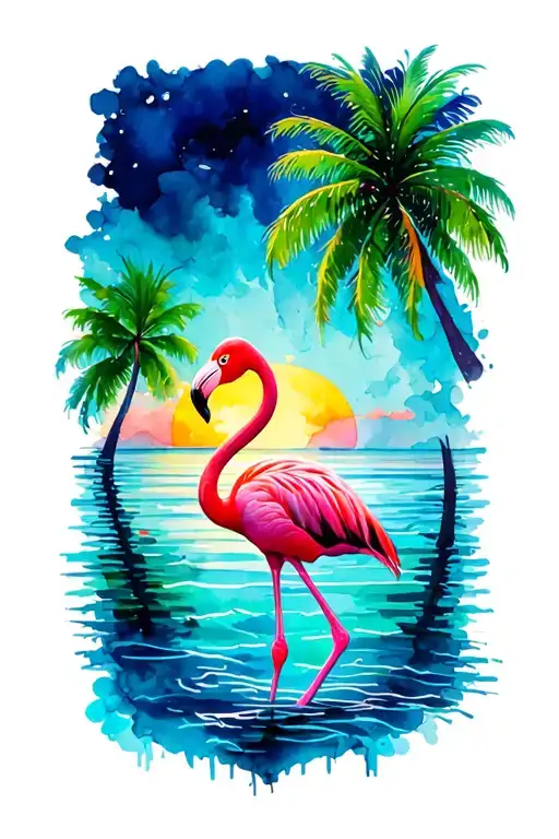 flamingo standing in ocean with palm trees colors sunset tattoo design idea