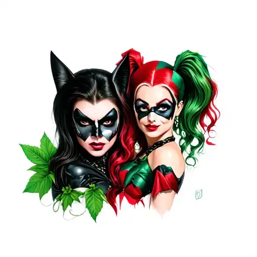 harley quinn catwoman and poison ivy tattoo design idea