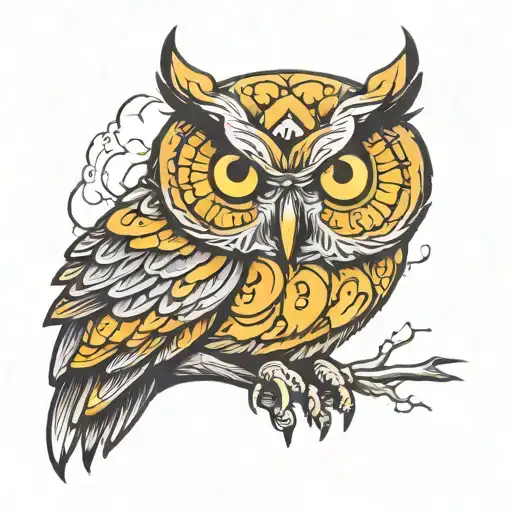 full size owl facing toward standing staring angrily with yellow eyes tattoo design idea