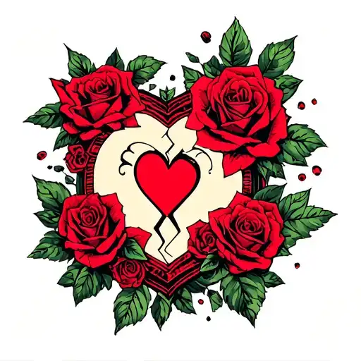 broken hearts and roses surrounding tattoo design idea
