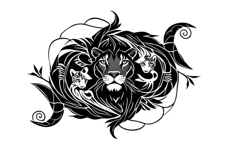 Leo lioness with cubs fish Pisces and virgo sign tattoo design idea