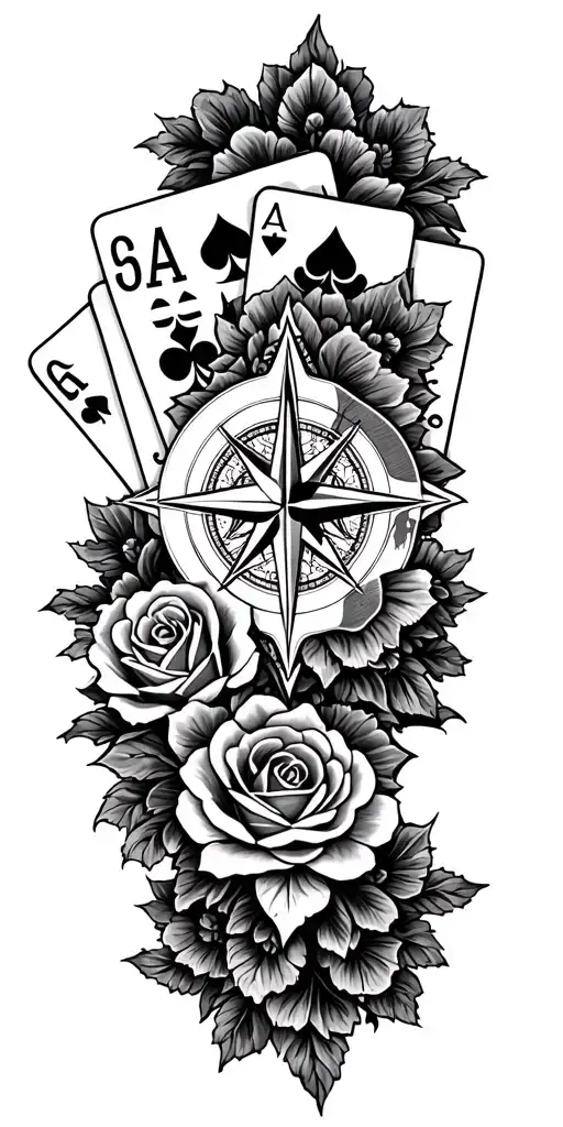 filigree design with playing cards, compass and roses tattoo design idea