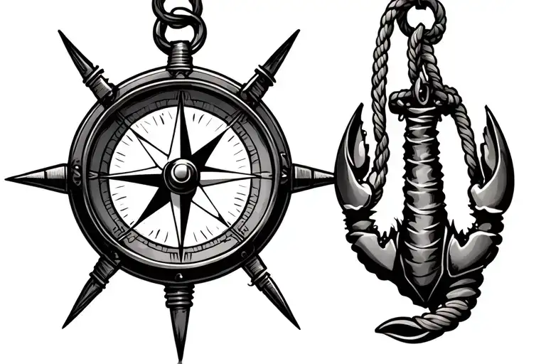 compass with anchor lobster and rope hanging tattoo design idea