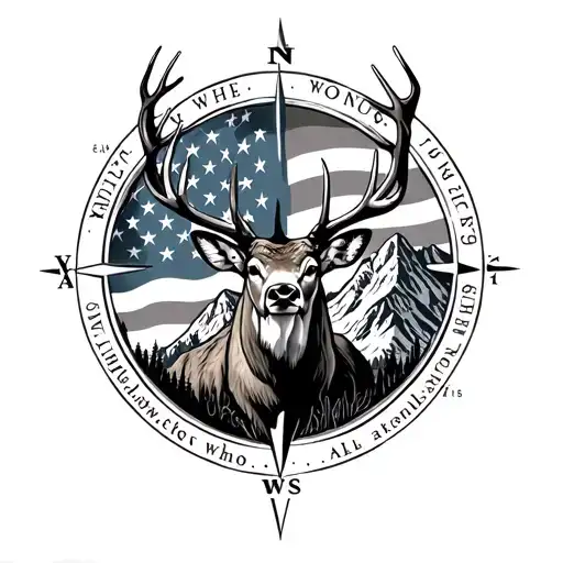 mountains, tattered u.s flag, not all who wonder are lost compass,  non typical mule deer buck  tattoo design idea