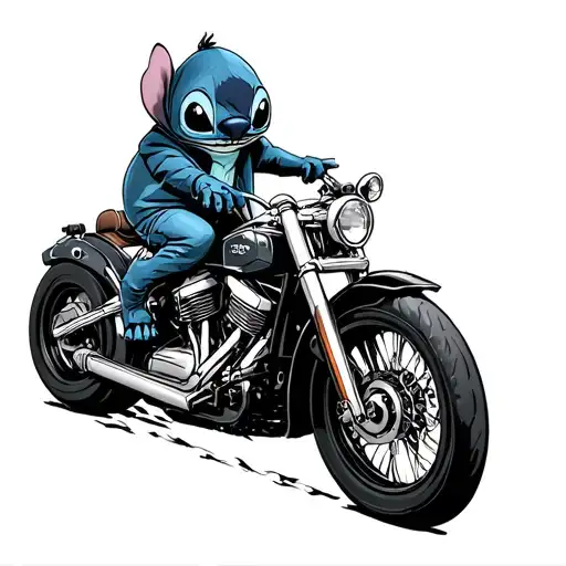Disney Stitch on a adventure motorcycle riding hood tattoo design idea