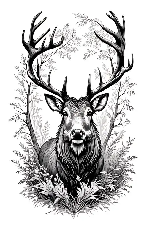 I would like a deer with a boar in a rifle viewfinder and a decor of a nature tattoo design idea