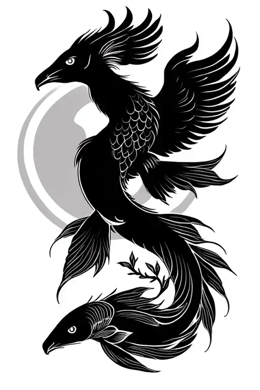 filipino sun with an animal like a phoenix or koi fish, add elements of nature tattoo design idea