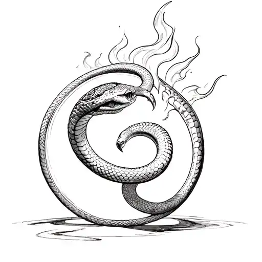 snake in circle flame comeing out of head of 3d sphere smilyface 1 faceing left one faceing right one faceing front  tattoo design idea