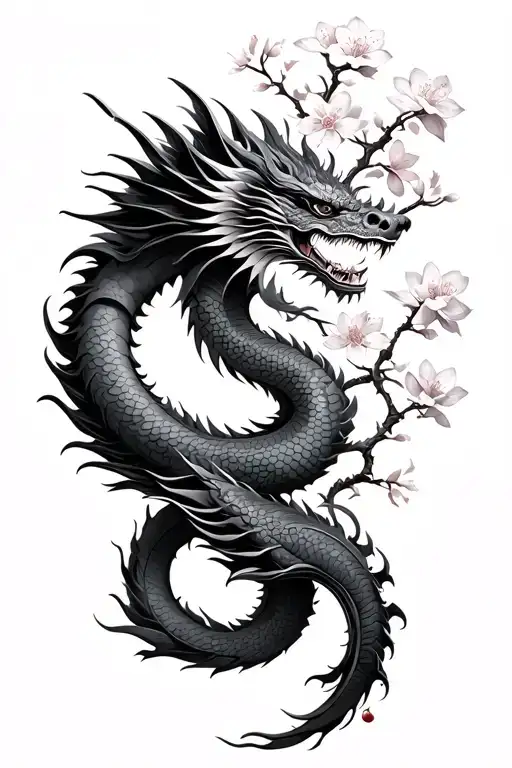 Chinese fan cherry blossoms dragon wrapped tattoo design idea