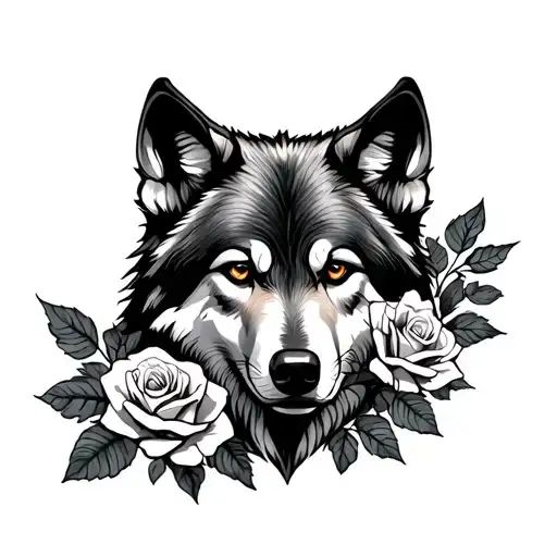 wolf with roses growing tattoo design idea