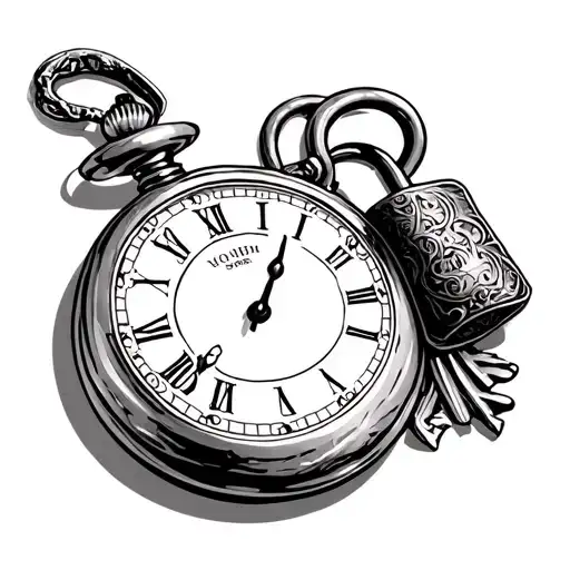 pocket watch with the time 1.00am on it then a padlock antique style with pattterns and a key with the left I on the top tattoo design idea