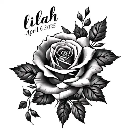 chest tattoo with the name lilah with roses and the date April 6th 2025 written in Roman numerals  tattoo design idea