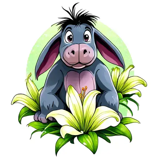 glitter eeyore with green lilies growing tattoo design idea