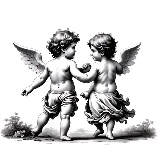 two cherubs holding hands walking away one boy on girl backs completely turned can't see their faces tattoo design idea