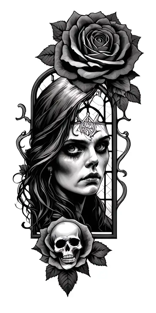 woman's scared face framed by roses and cathedral window Viking symbols with skull tattoo design idea
