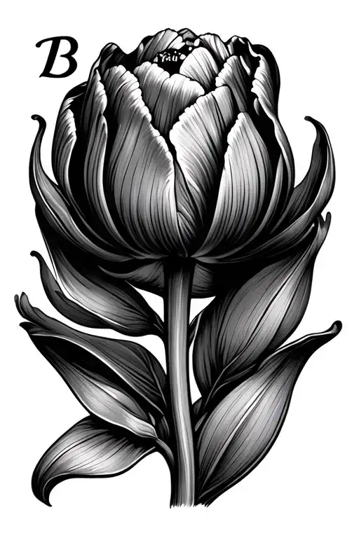 fine line tulip flower with letter B tattoo design idea