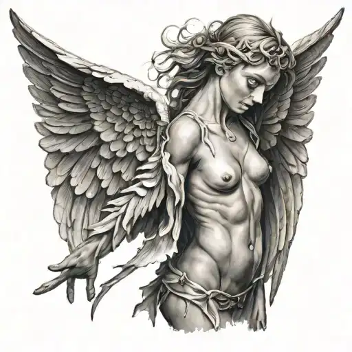 wounded angel with wings tattoo design idea