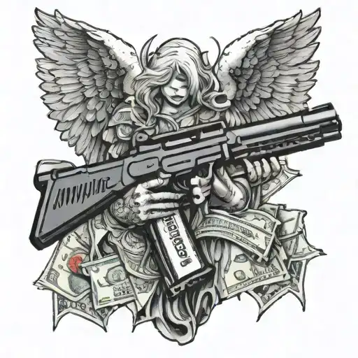 Fallen Angel holding a gun made of money with a cool background tattoo design idea