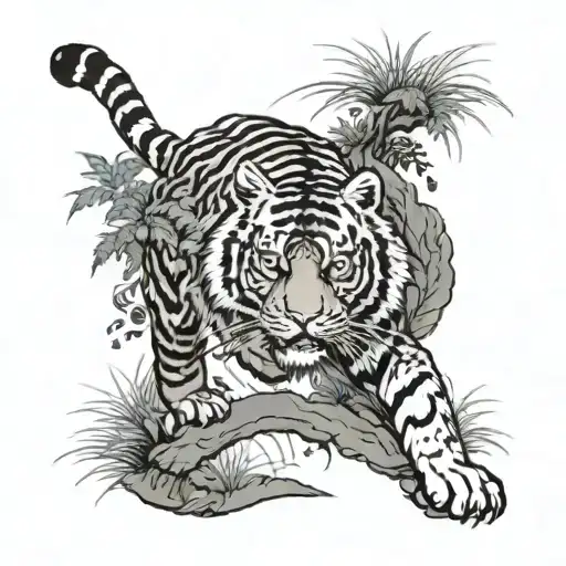 2 Tiger walking through bushes tattoo design idea