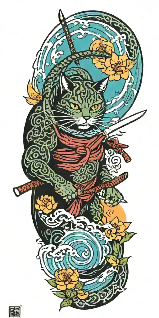 ninja cat holding katana, tail, water, waves, lotus, sakura, clouds, whirlpool, leaves, peony, sunset tattoo design idea